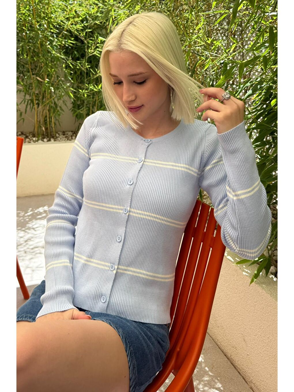 Mavi Çizgili Kadın Triko Hırka Mg2481