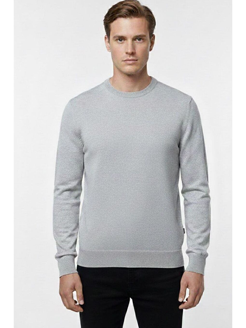 Gri Regular Fit Pamuklu Bisiklet Yaka Erkek Triko Kazak