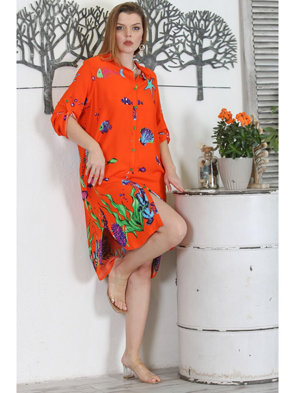 Turuncu Gömlek Yaka Düğmeli Uzun Kollu Düğmeli Gizli Cepli Empirme Baskılı Casual Dokuma Elbise
