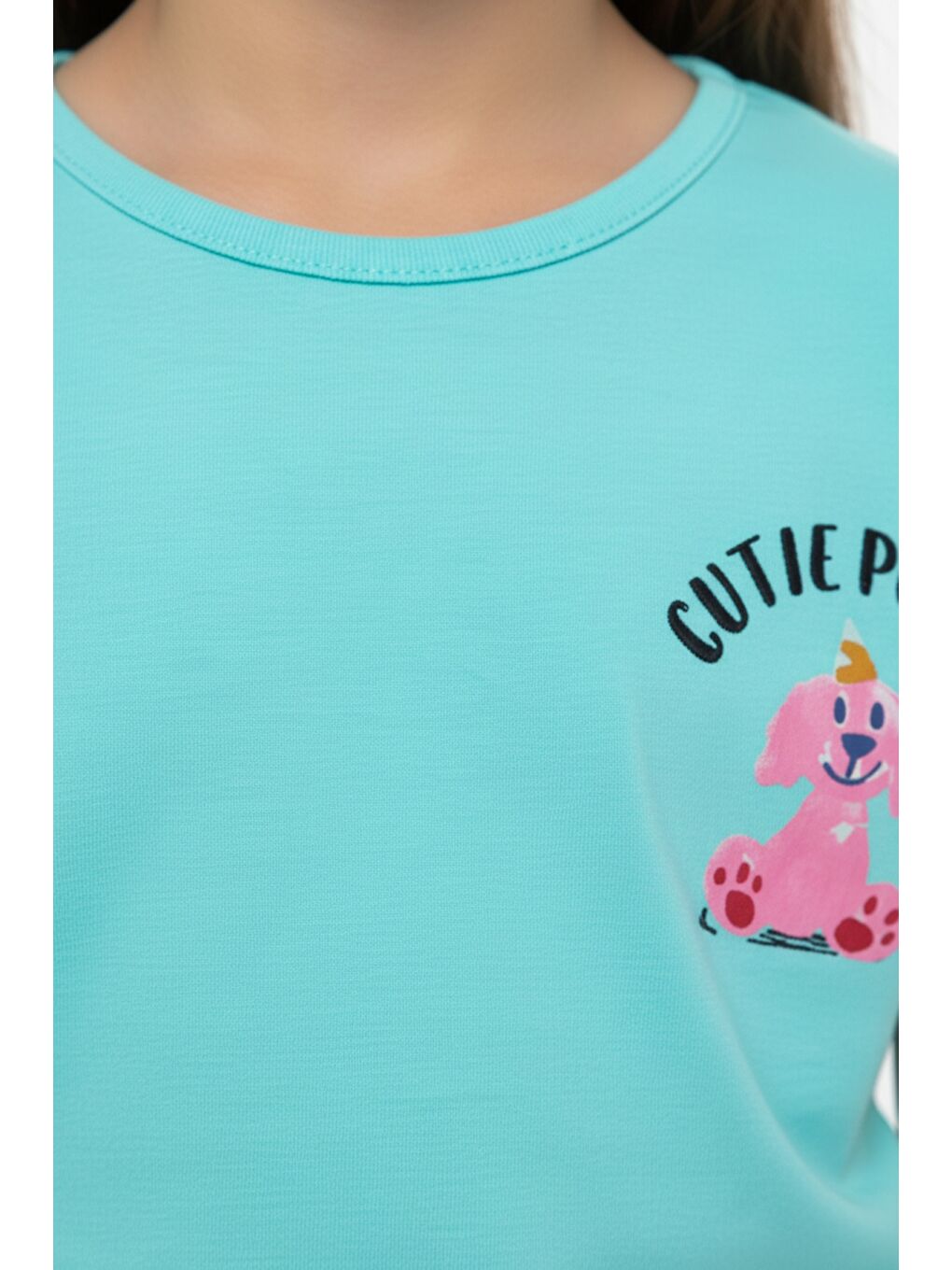 Yeşil Kız Çocuk 2'li Şortlu Takım Bisiklet Yaka Düşük Omuz Kısa Kollu Baskılı Tişört - Beli Lastikli Bağl-4