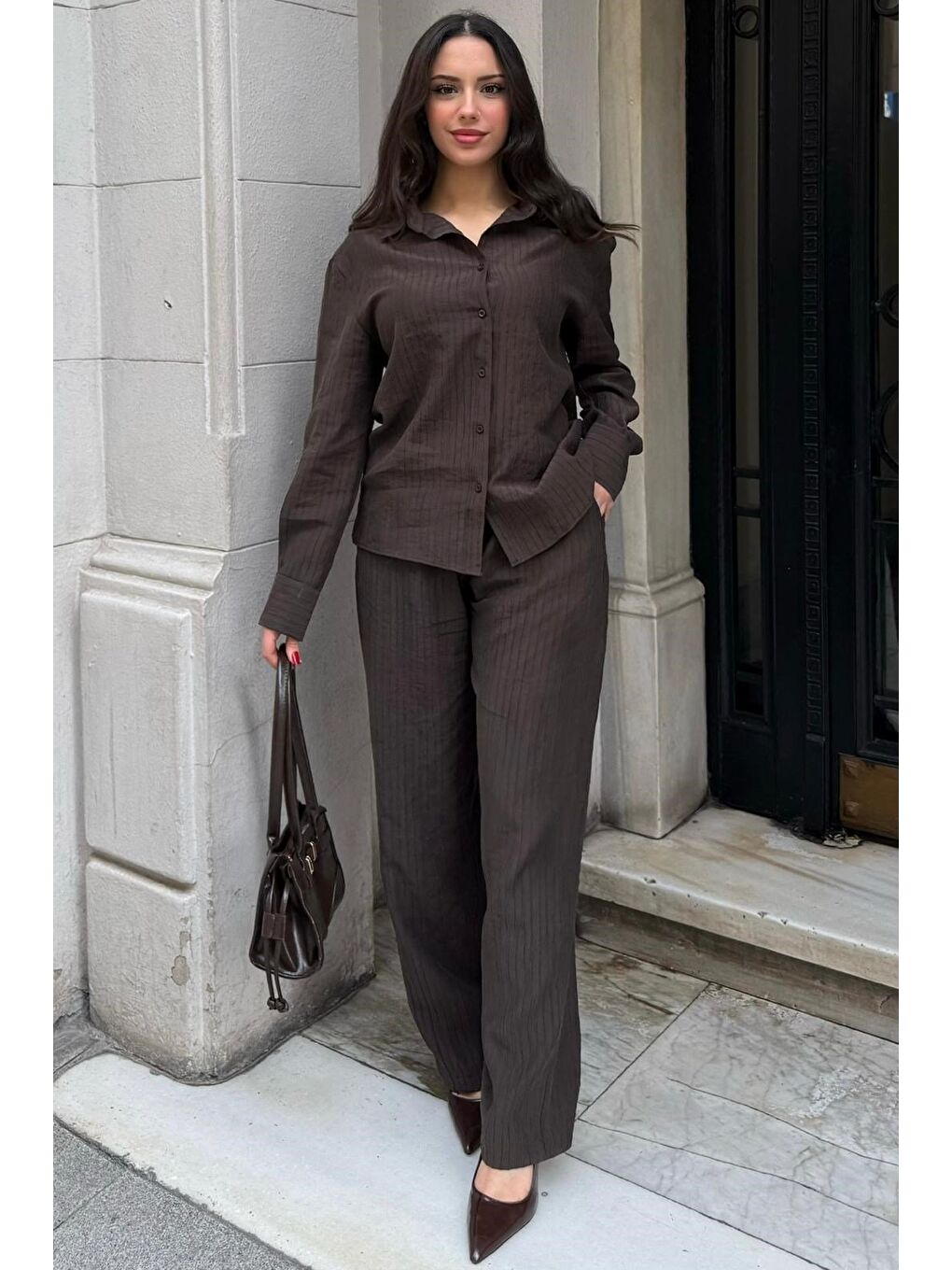Acı Kahverengi Çizgili Kadın Gömlek Takım Mg2695-1