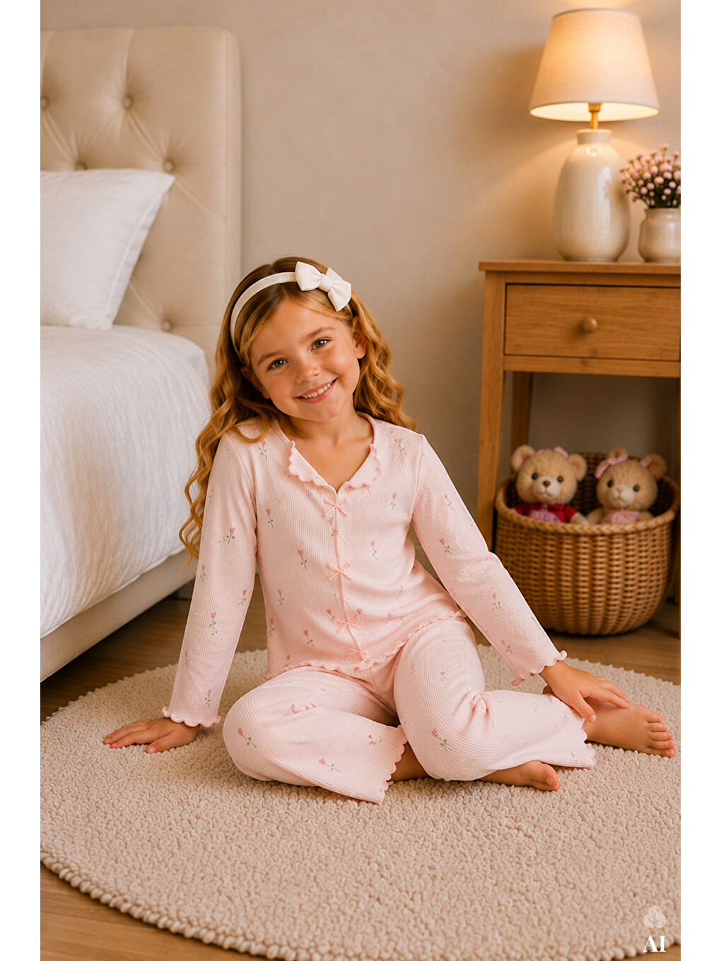 Pembe Kız Çocuk Pamuklu Uzun Kollu Fiyonk Desenli Fırfır Ve Fiyonk Detaylı Pijama Takımı