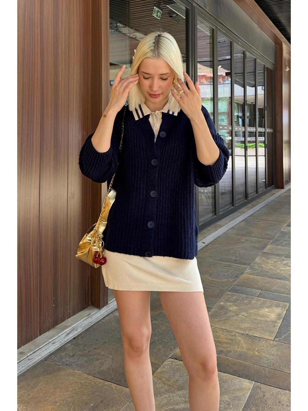 Lacivert Bisiklet Yaka Selanik Örgü Düğmeli Kadın Hırka Mg2487-3