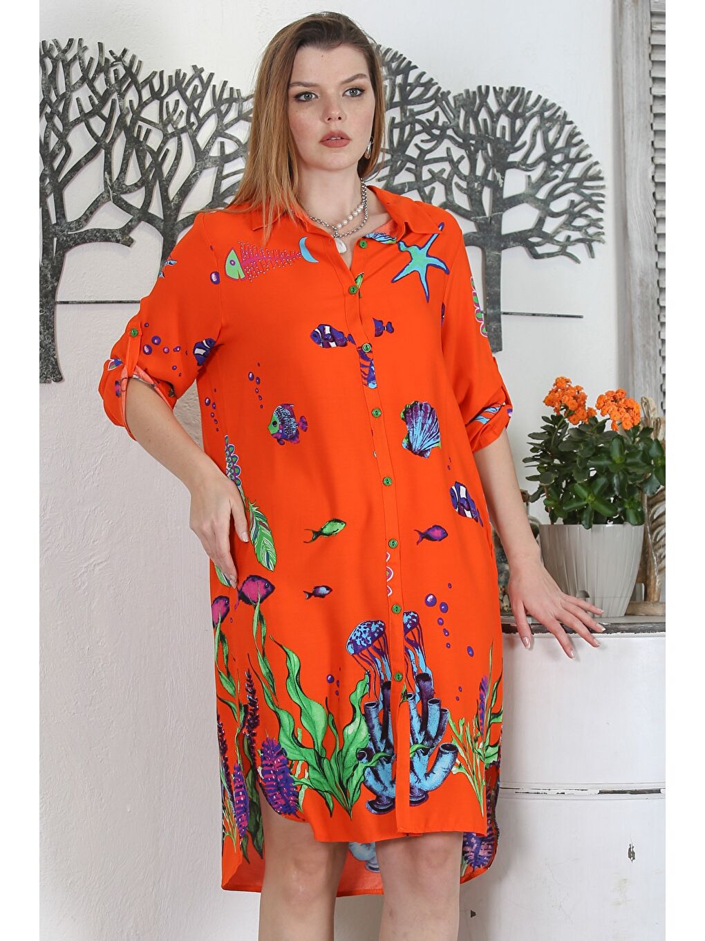 Turuncu Gömlek Yaka Düğmeli Uzun Kollu Düğmeli Gizli Cepli Empirme Baskılı Casual Dokuma Elbise-6