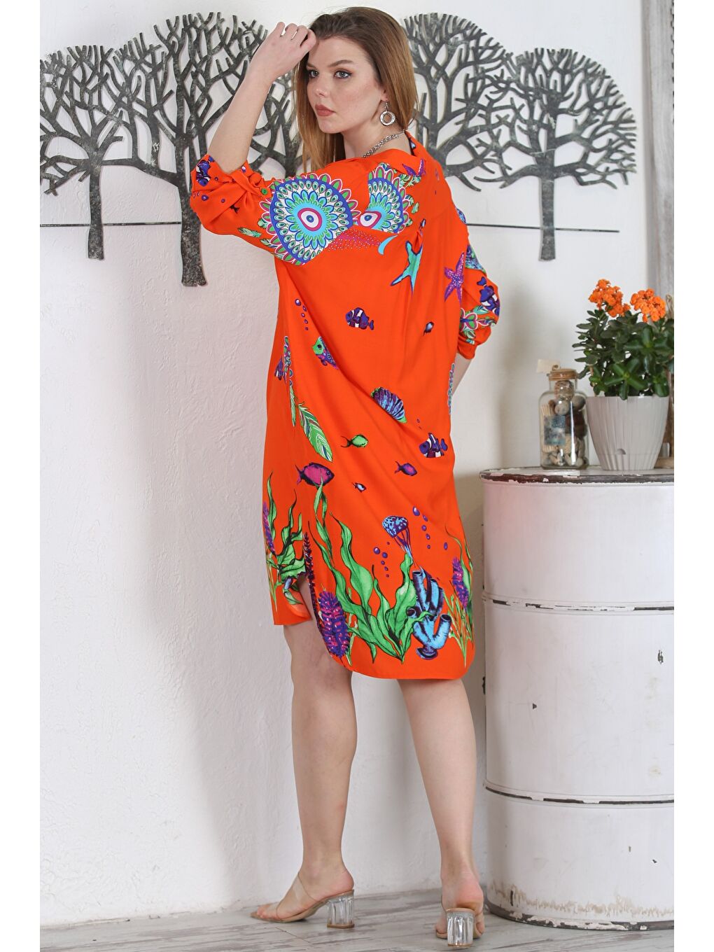 Turuncu Gömlek Yaka Düğmeli Uzun Kollu Düğmeli Gizli Cepli Empirme Baskılı Casual Dokuma Elbise-7