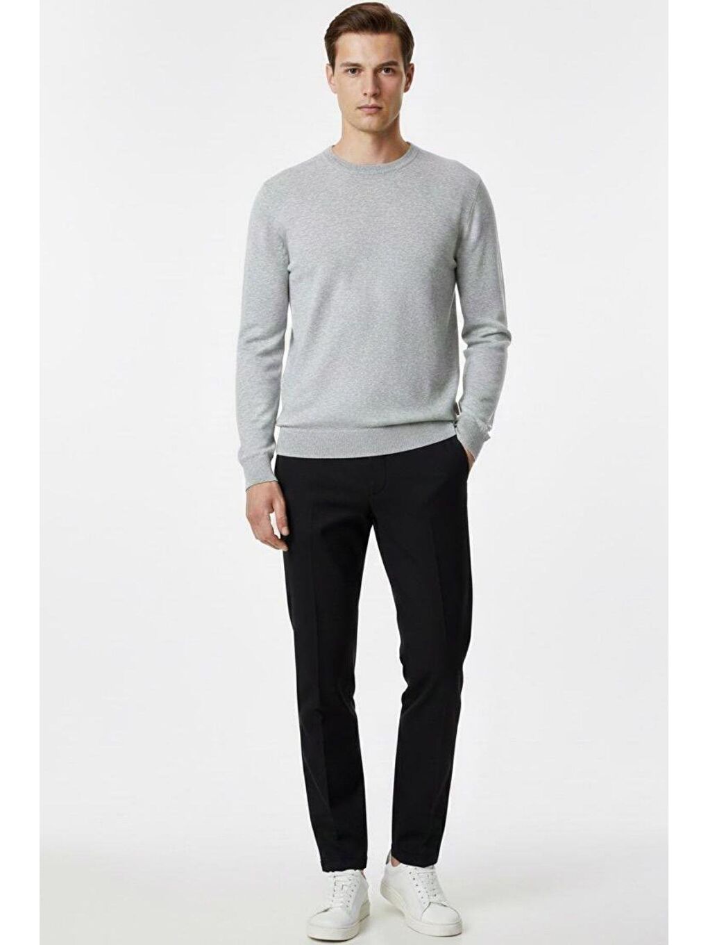 Gri Regular Fit Pamuklu Bisiklet Yaka Erkek Triko Kazak-1