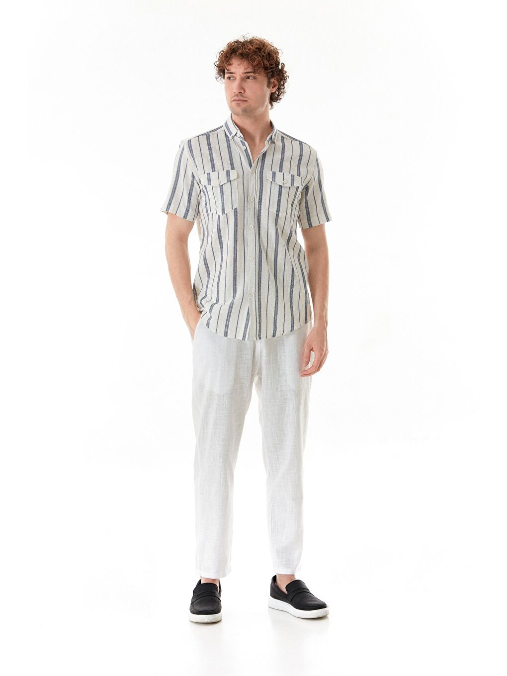 Ekru Beli Lastikli Cepli Regular Fit Keten Pantolon