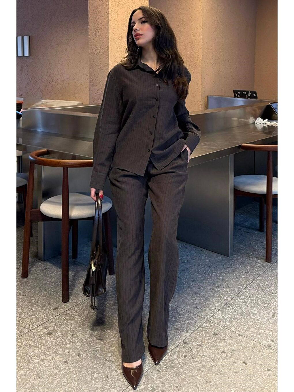 Acı Kahverengi Çizgili Kadın Gömlek Takım Mg2695-2