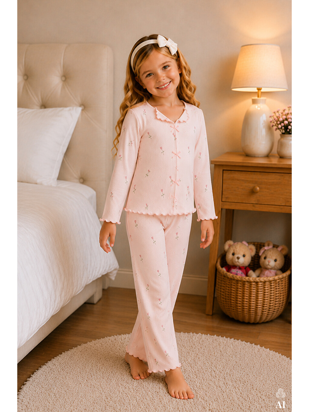 Pembe Kız Çocuk Pamuklu Uzun Kollu Fiyonk Desenli Fırfır Ve Fiyonk Detaylı Pijama Takımı-1
