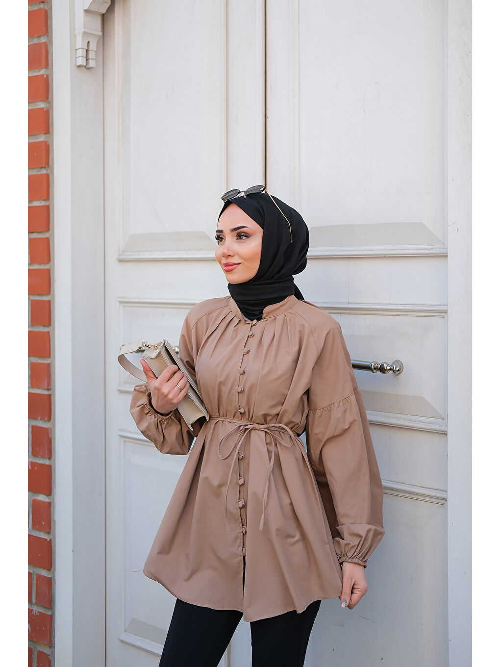 Bej Kadın Balon Kol Bel Bağlamalı Gömlek Vizon-2