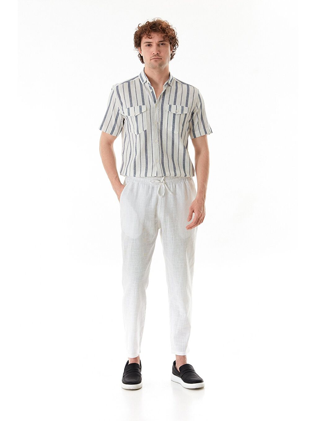 Ekru Beli Lastikli Cepli Regular Fit Keten Pantolon-1