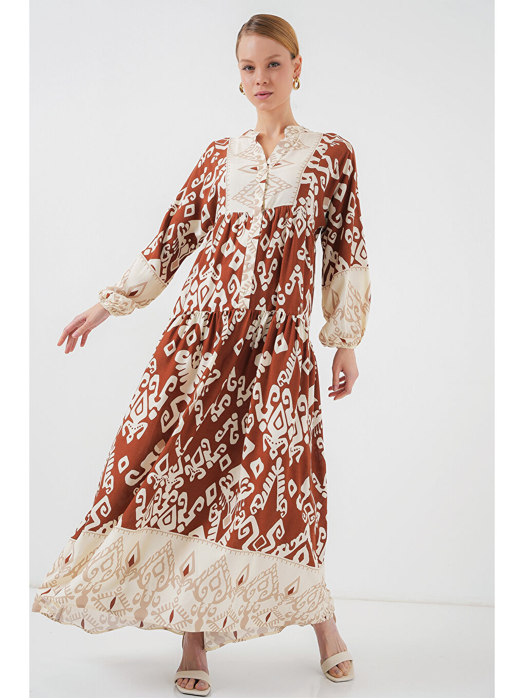 Sarı 2423 Otantik Desenli Tesettür Elbise - Y.Kiremit-1