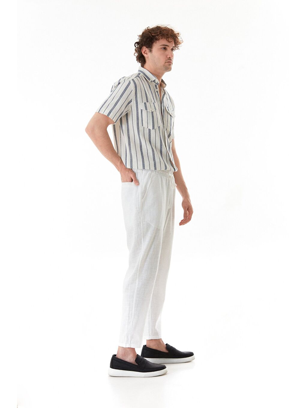 Ekru Beli Lastikli Cepli Regular Fit Keten Pantolon-2