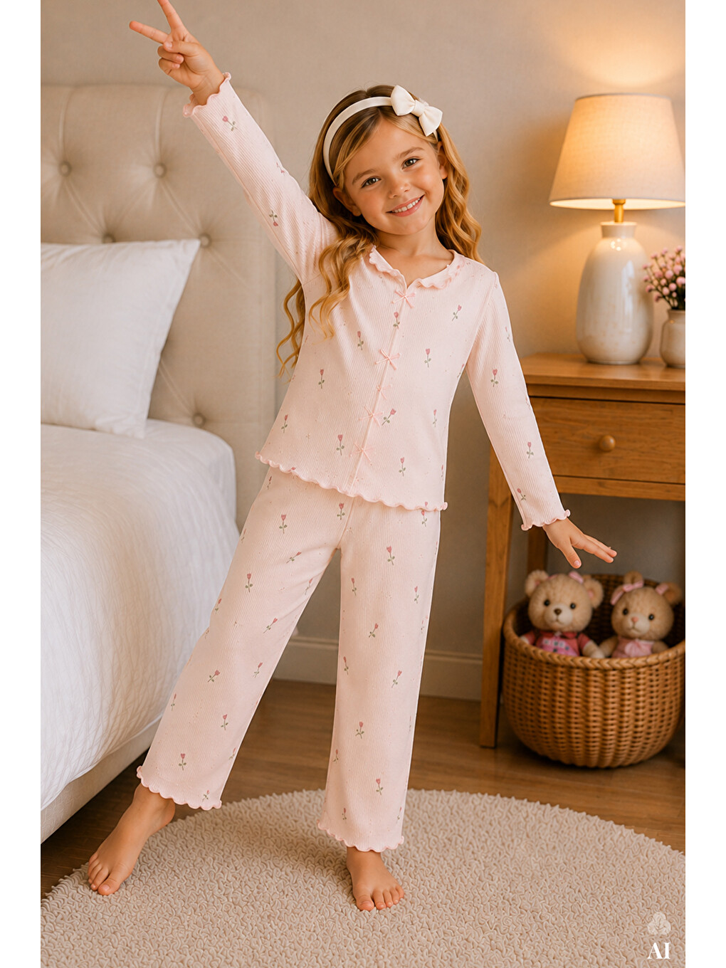 Pembe Kız Çocuk Pamuklu Uzun Kollu Fiyonk Desenli Fırfır Ve Fiyonk Detaylı Pijama Takımı-2
