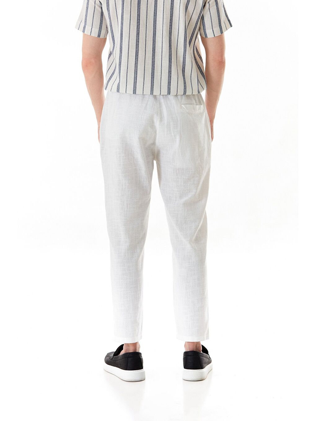 Ekru Beli Lastikli Cepli Regular Fit Keten Pantolon-3