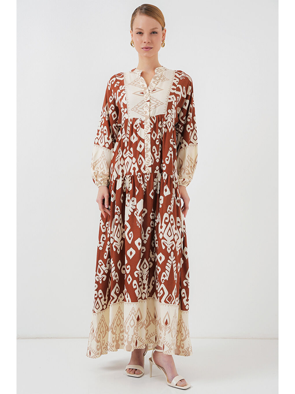 Sarı 2423 Otantik Desenli Tesettür Elbise - Y.Kiremit-2