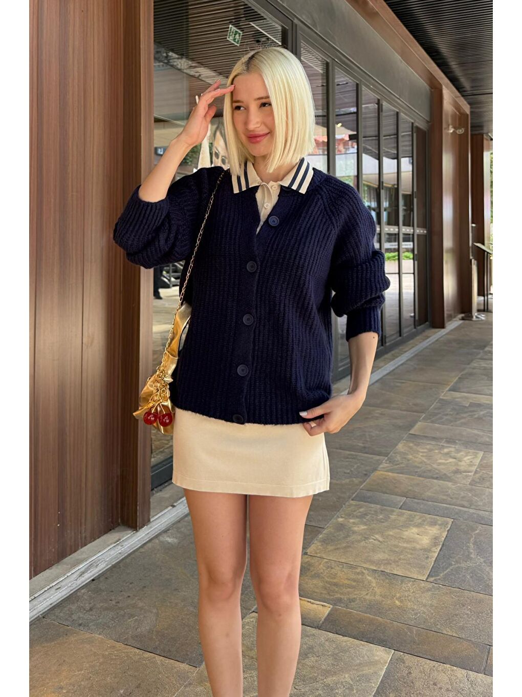 Lacivert Bisiklet Yaka Selanik Örgü Düğmeli Kadın Hırka Mg2487-4