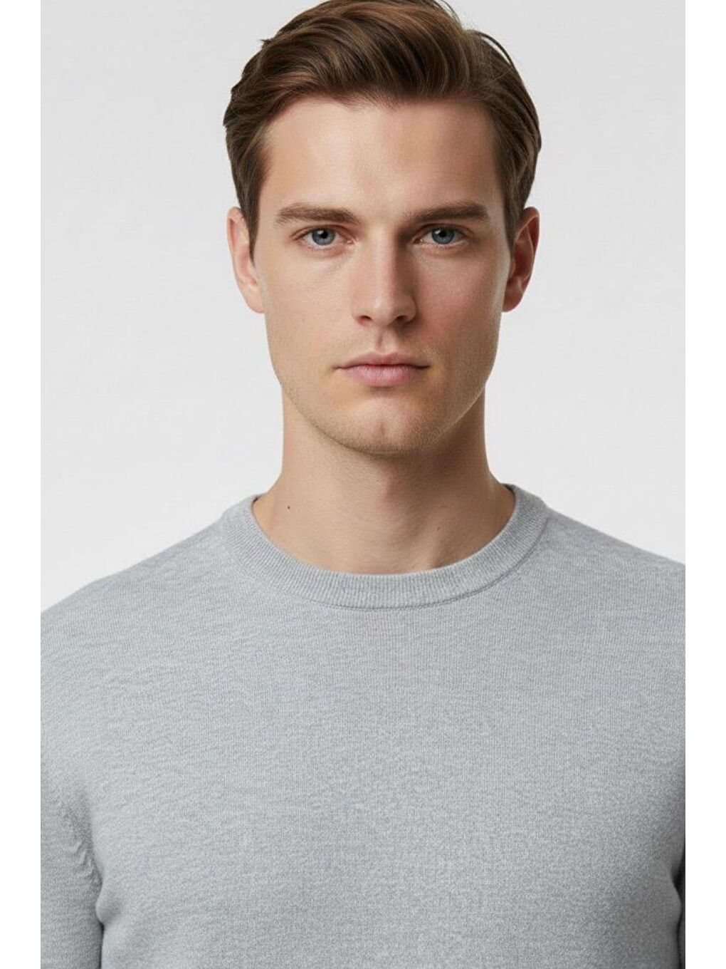 Gri Regular Fit Pamuklu Bisiklet Yaka Erkek Triko Kazak-2