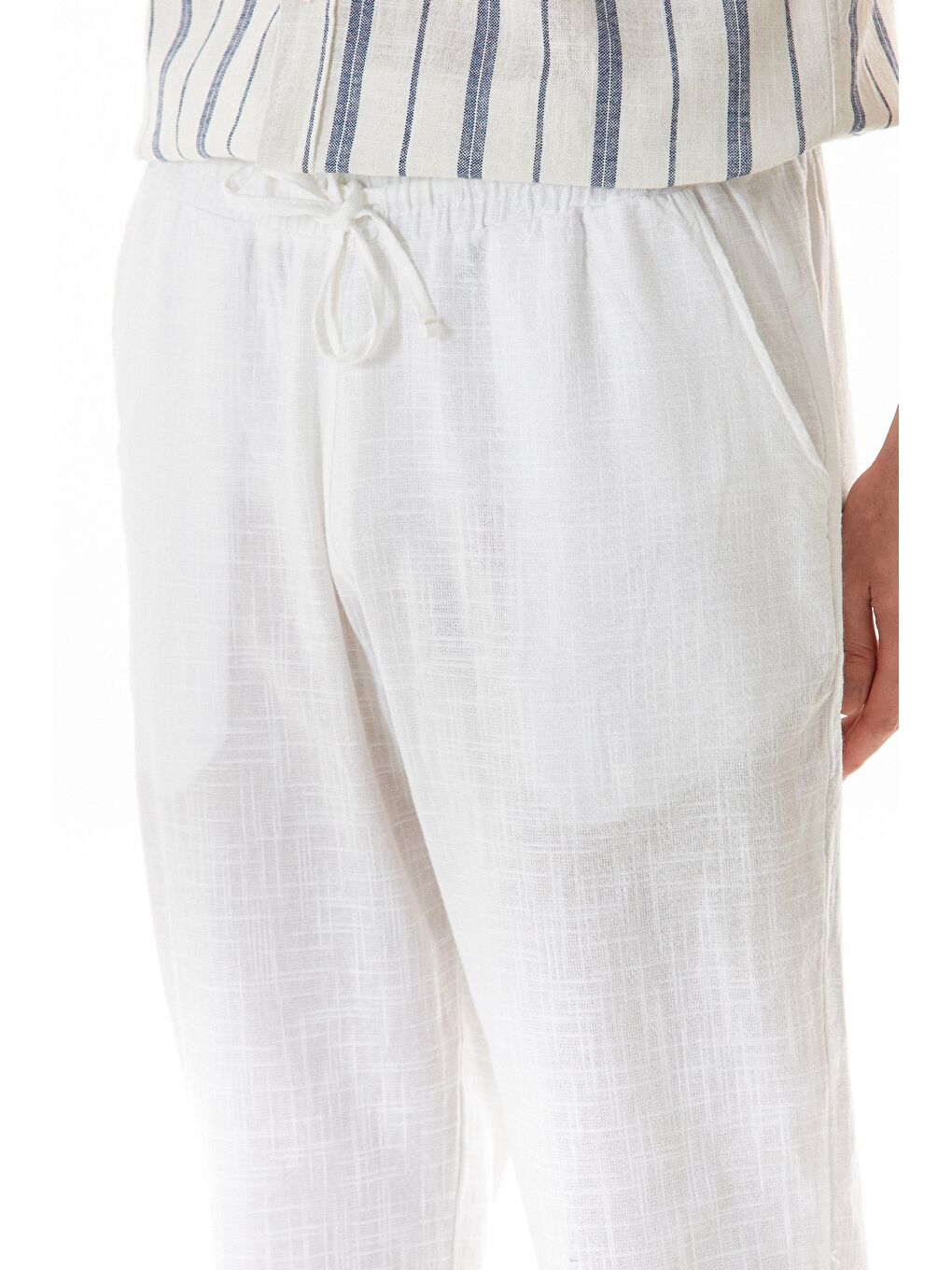 Ekru Beli Lastikli Cepli Regular Fit Keten Pantolon-4