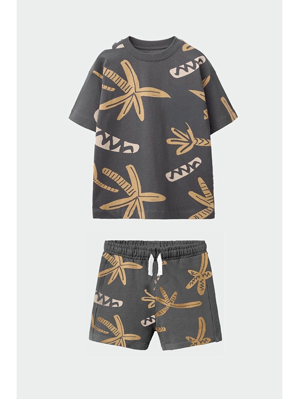 Antrasit Erkek Çocuk Palmiye Desenli Pamuklu Tshirt Şort Alt Üst Takım
