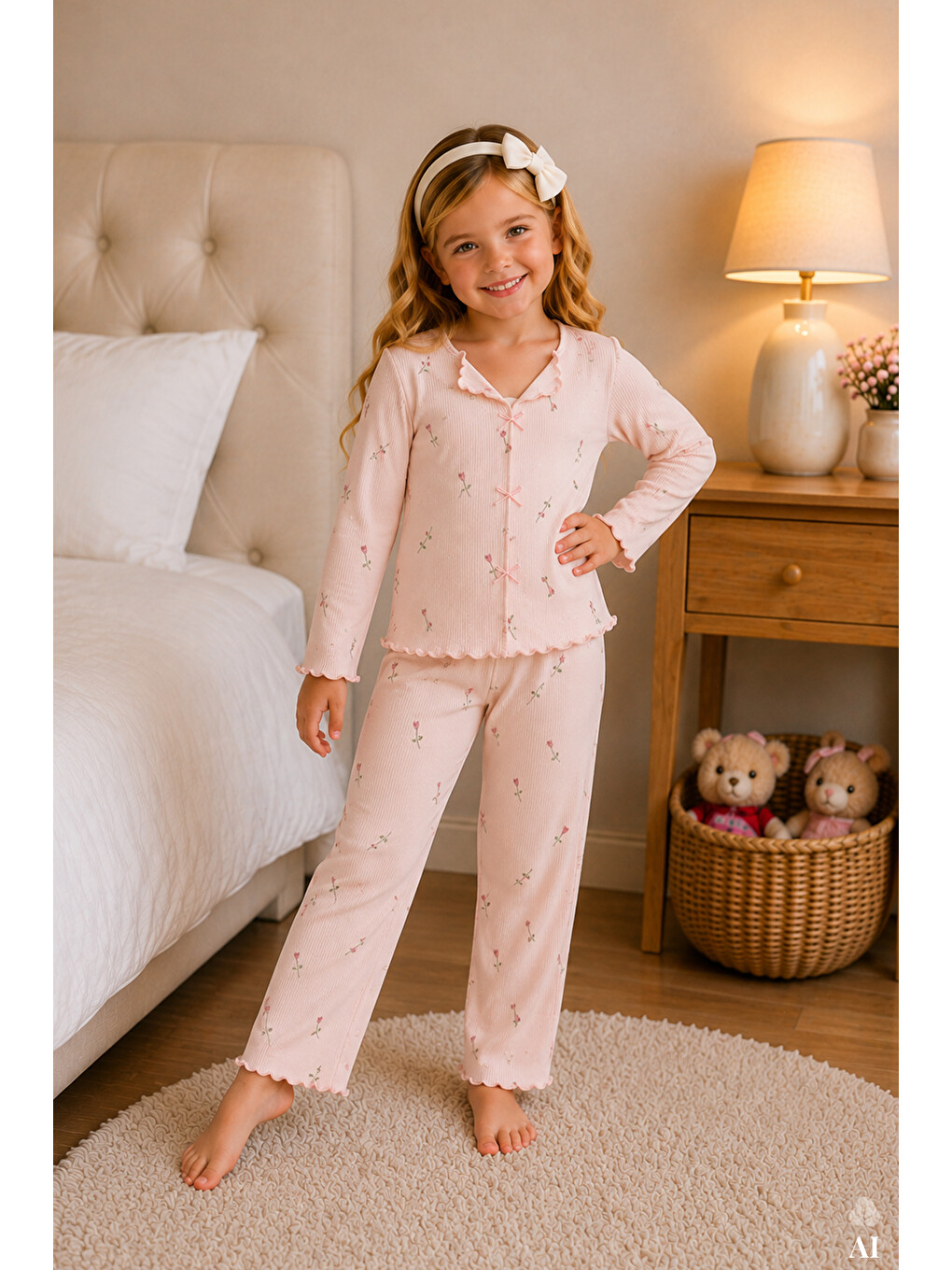 Pembe Kız Çocuk Pamuklu Uzun Kollu Fiyonk Desenli Fırfır Ve Fiyonk Detaylı Pijama Takımı-3