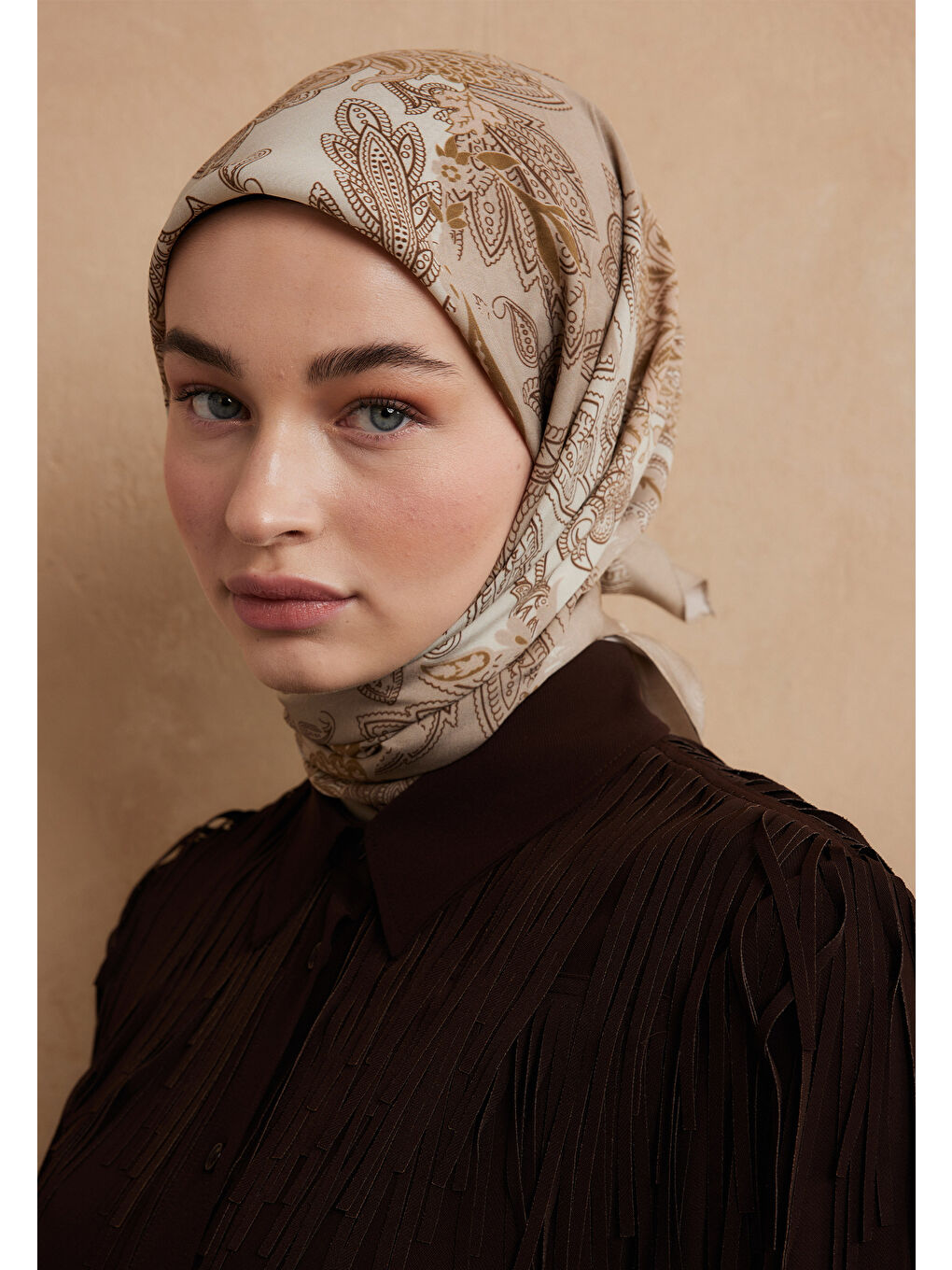 Darıa Desen Pamuk İpek Eşarp Kum Beji-2