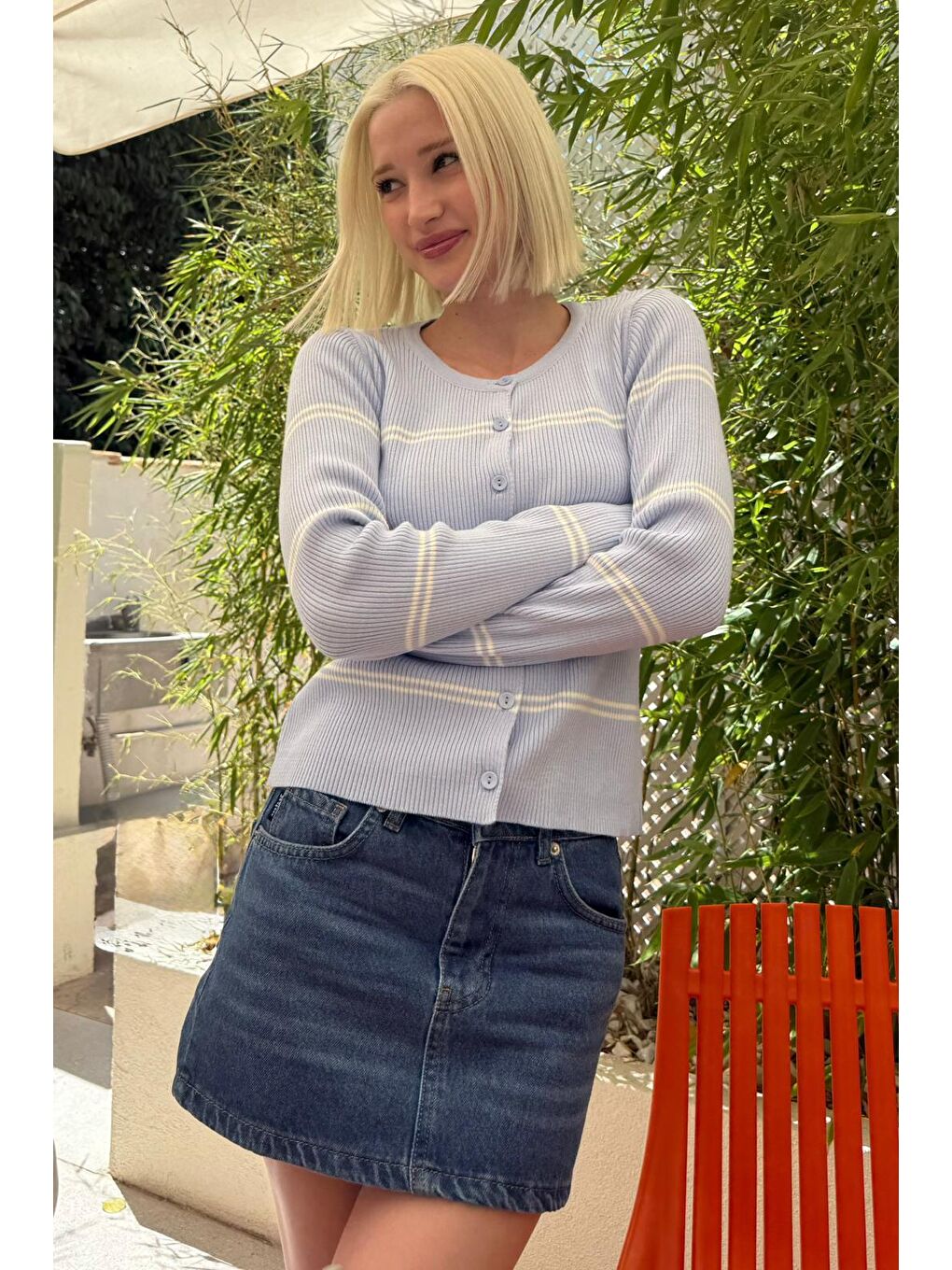 Mavi Çizgili Kadın Triko Hırka Mg2481-2