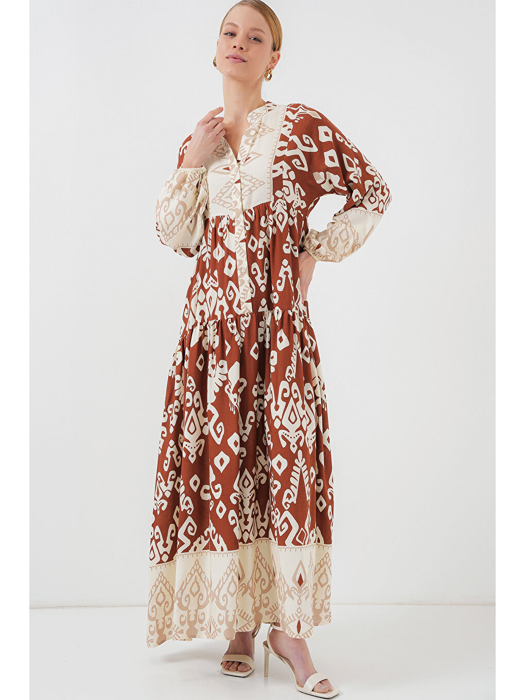 Sarı 2423 Otantik Desenli Tesettür Elbise - Y.Kiremit-3