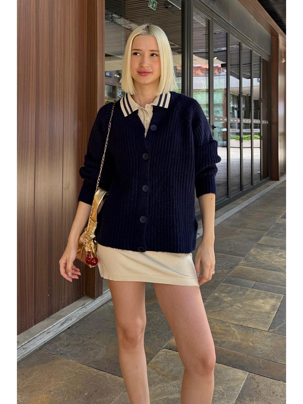 Lacivert Bisiklet Yaka Selanik Örgü Düğmeli Kadın Hırka Mg2487-5