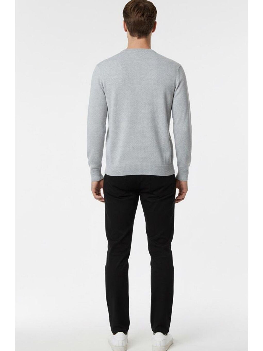 Gri Regular Fit Pamuklu Bisiklet Yaka Erkek Triko Kazak-3