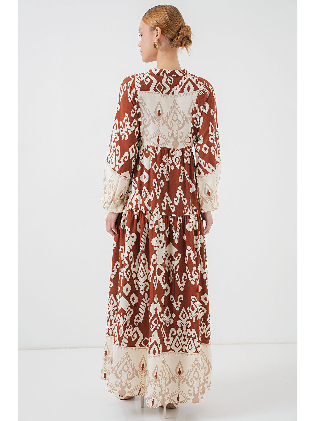 Sarı 2423 Otantik Desenli Tesettür Elbise - Y.Kiremit-5