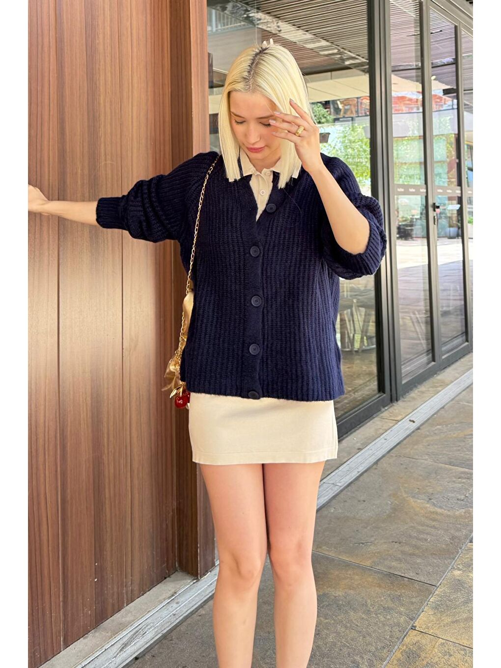 Lacivert Bisiklet Yaka Selanik Örgü Düğmeli Kadın Hırka Mg2487-6