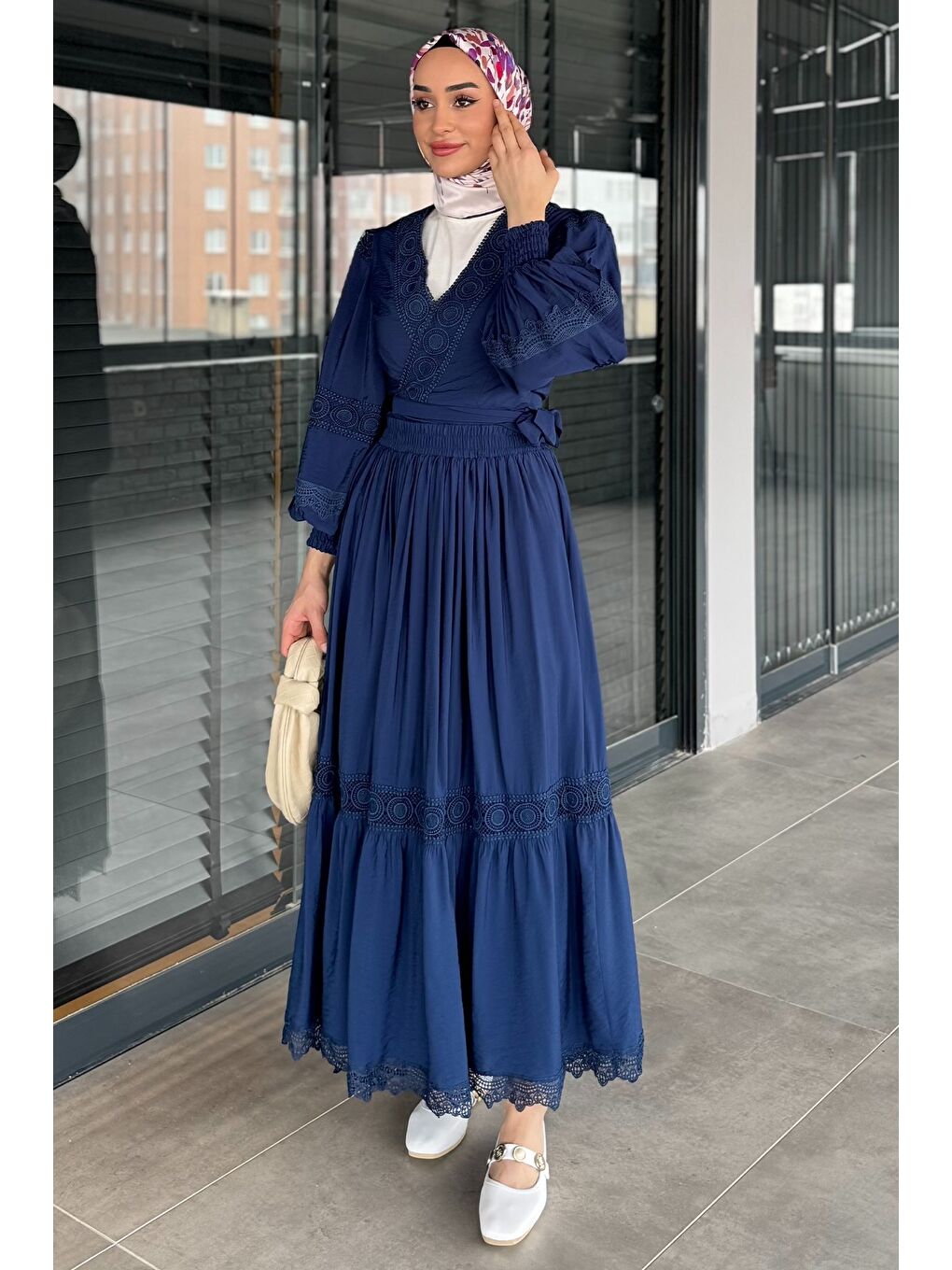 Lacivert Fistolu Bel Bağlamalı Gömlek Etek Tesettür İkili Takım (s-m-l Uygundur)-1