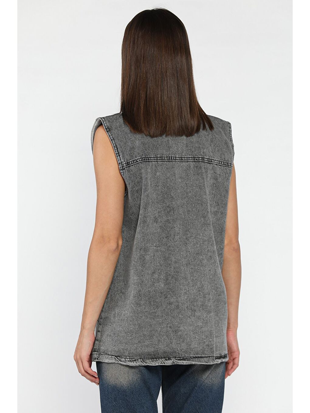 Antrasit Kadın Çift Cepli Taş İşlemeli Jean Yelek-1