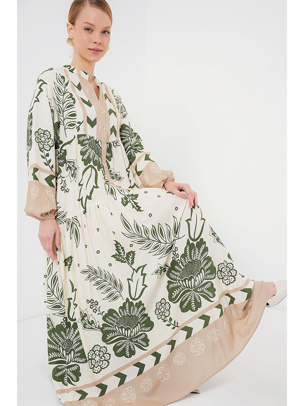 2423 Otantik Desenli Tesettür Elbise - E.Haki-1