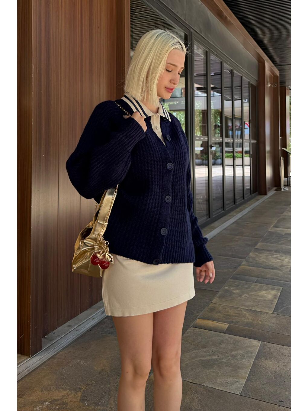 Lacivert Bisiklet Yaka Selanik Örgü Düğmeli Kadın Hırka Mg2487-7