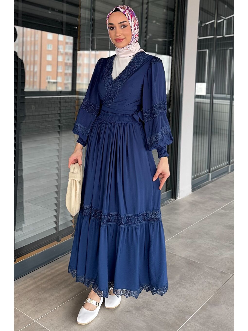 Lacivert Fistolu Bel Bağlamalı Gömlek Etek Tesettür İkili Takım (s-m-l Uygundur)-2