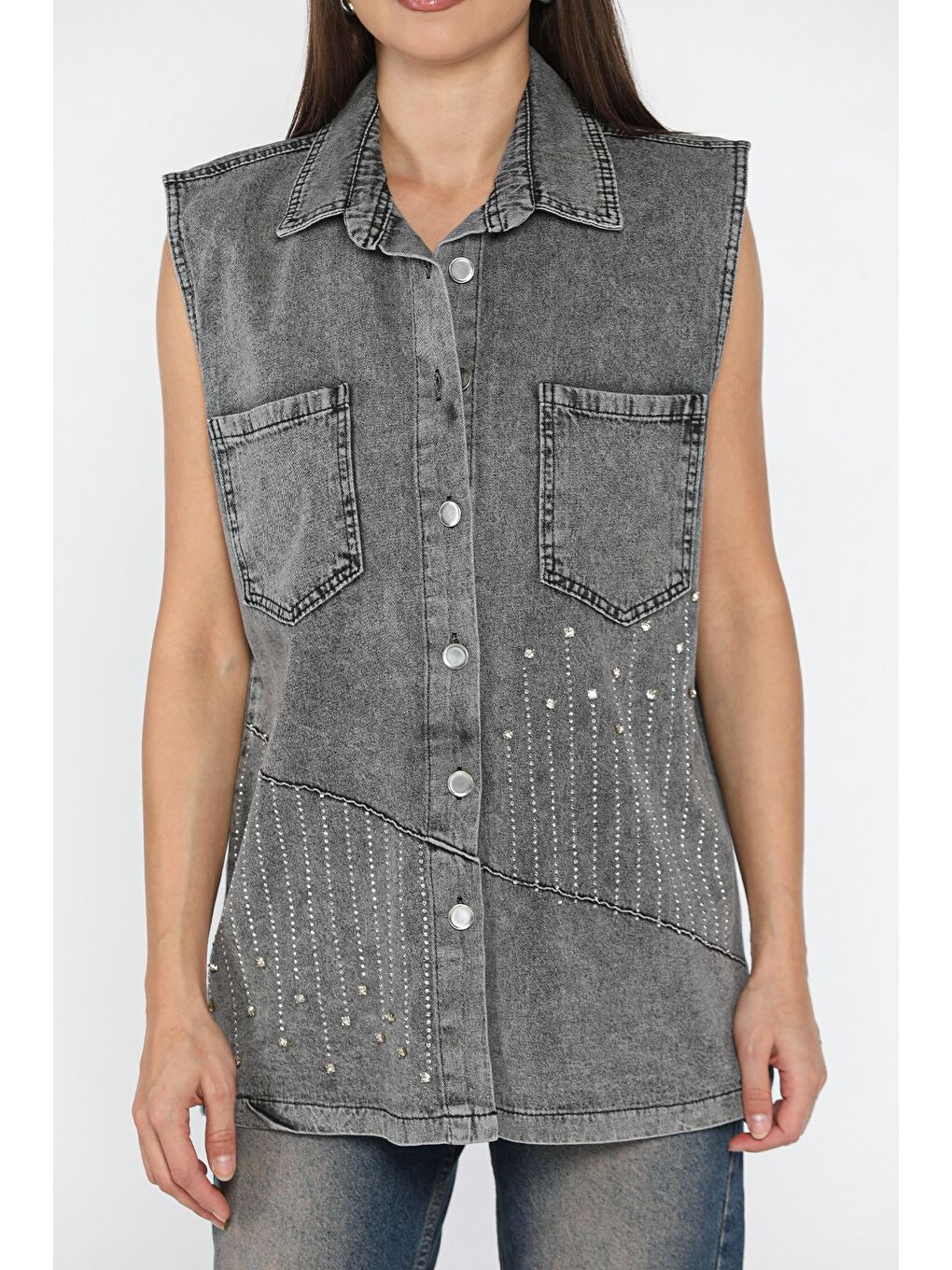 Antrasit Kadın Çift Cepli Taş İşlemeli Jean Yelek-2