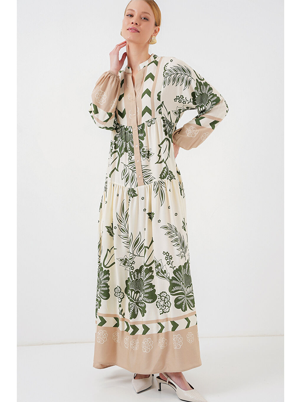 2423 Otantik Desenli Tesettür Elbise - E.Haki-2