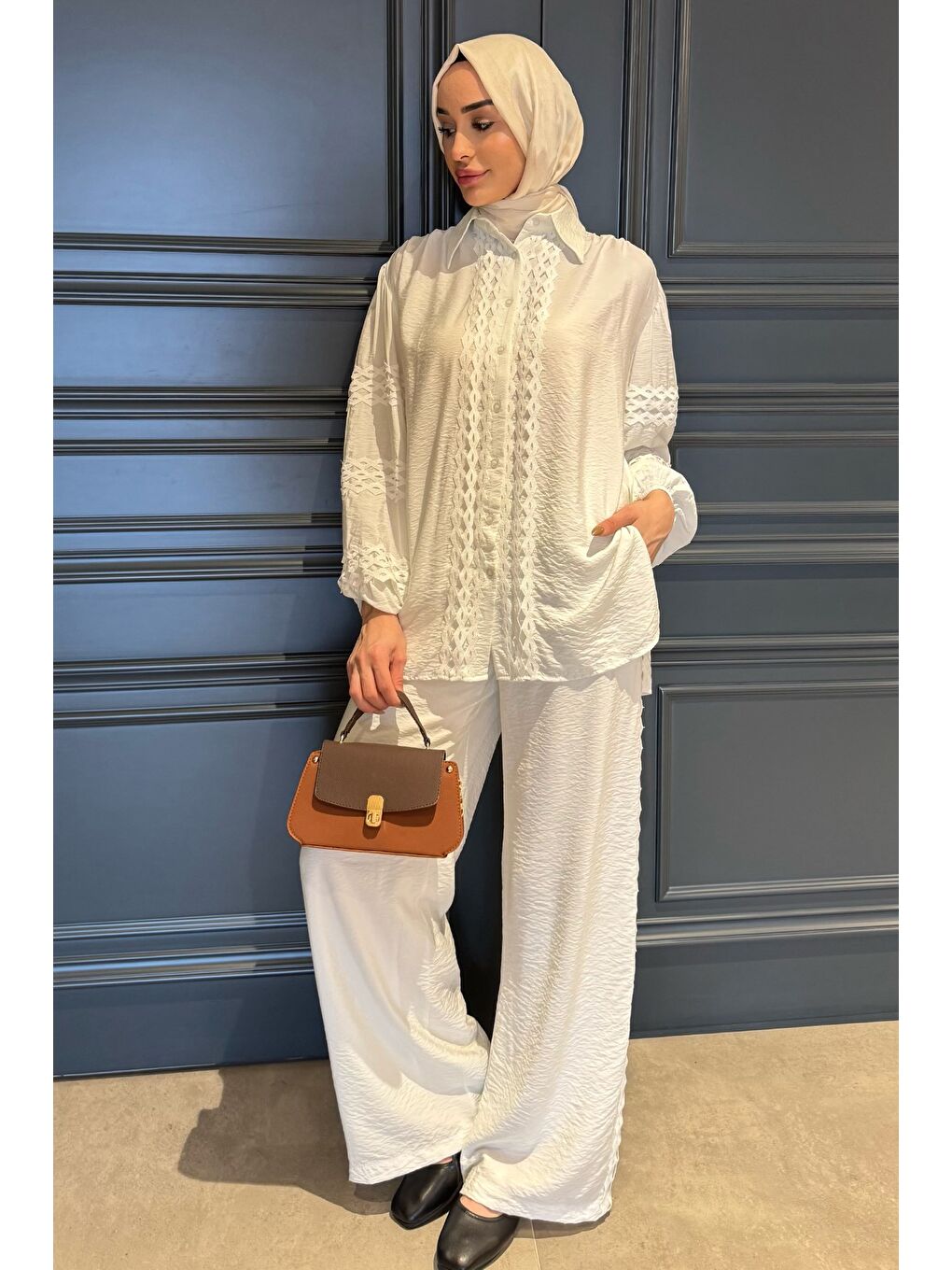Ekru Fistolu Kol Lastikli Gömlek Pantolon Tesettür İkili Takım