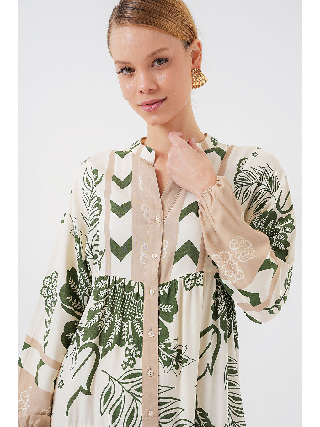 2423 Otantik Desenli Tesettür Elbise - E.Haki-3