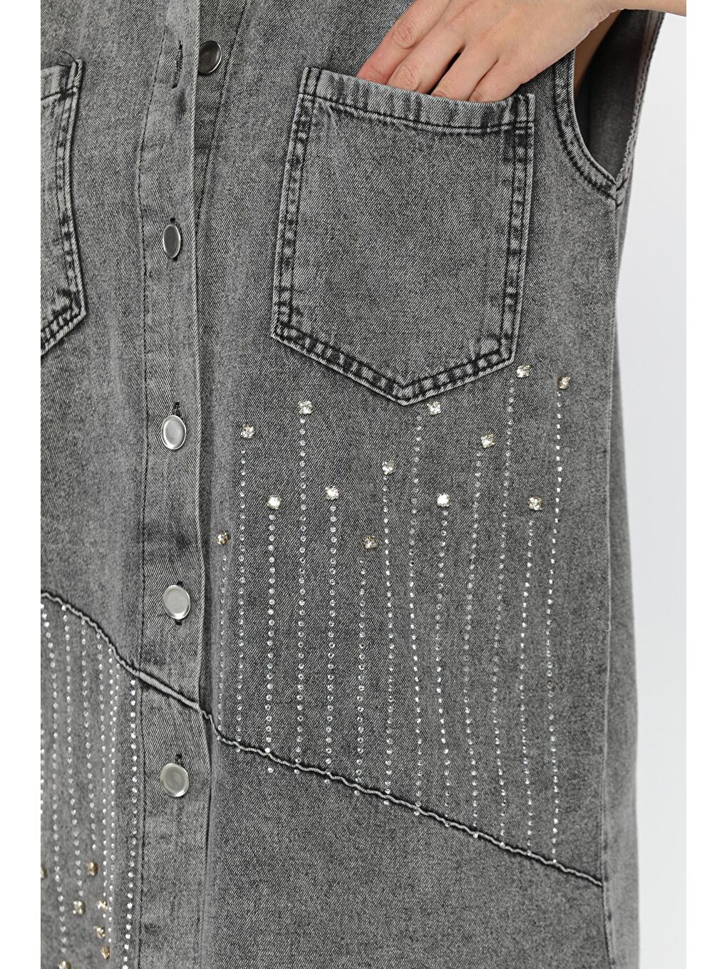 Antrasit Kadın Çift Cepli Taş İşlemeli Jean Yelek-3