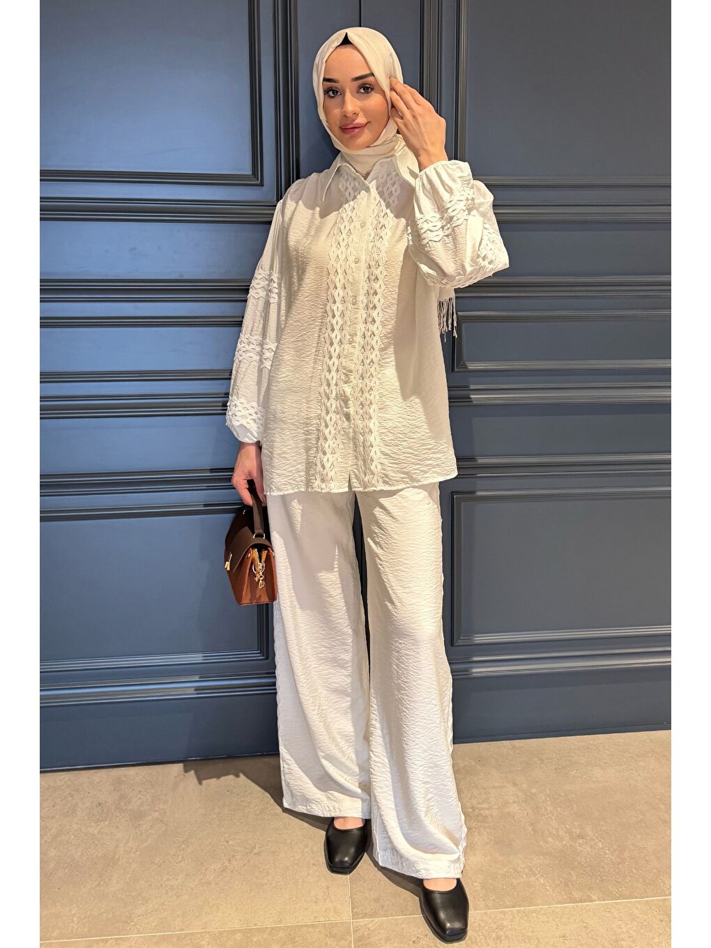 Ekru Fistolu Kol Lastikli Gömlek Pantolon Tesettür İkili Takım-2