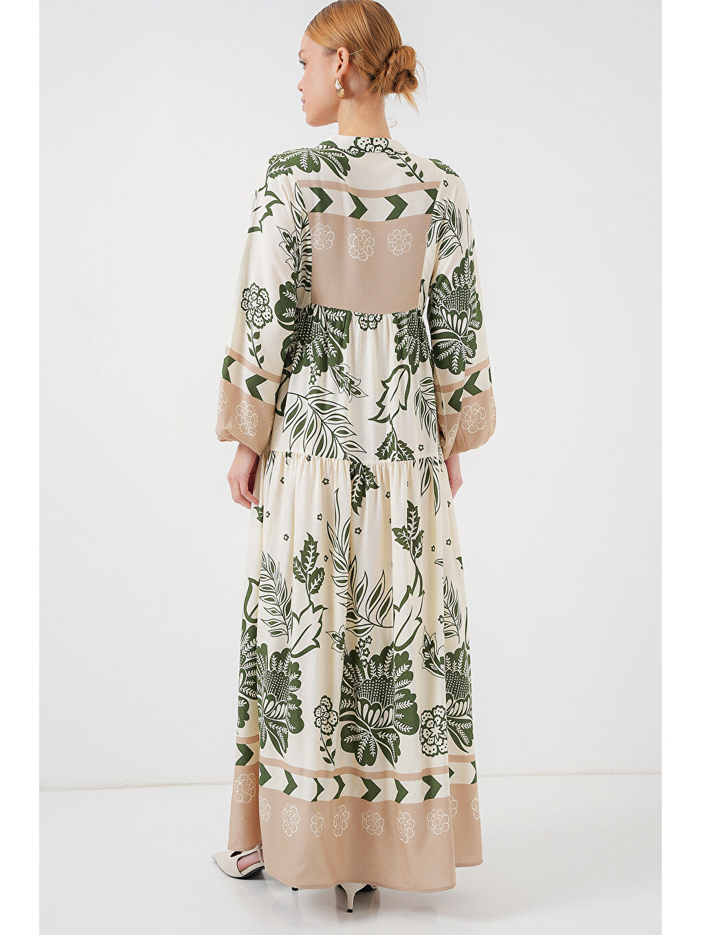 2423 Otantik Desenli Tesettür Elbise - E.Haki-5