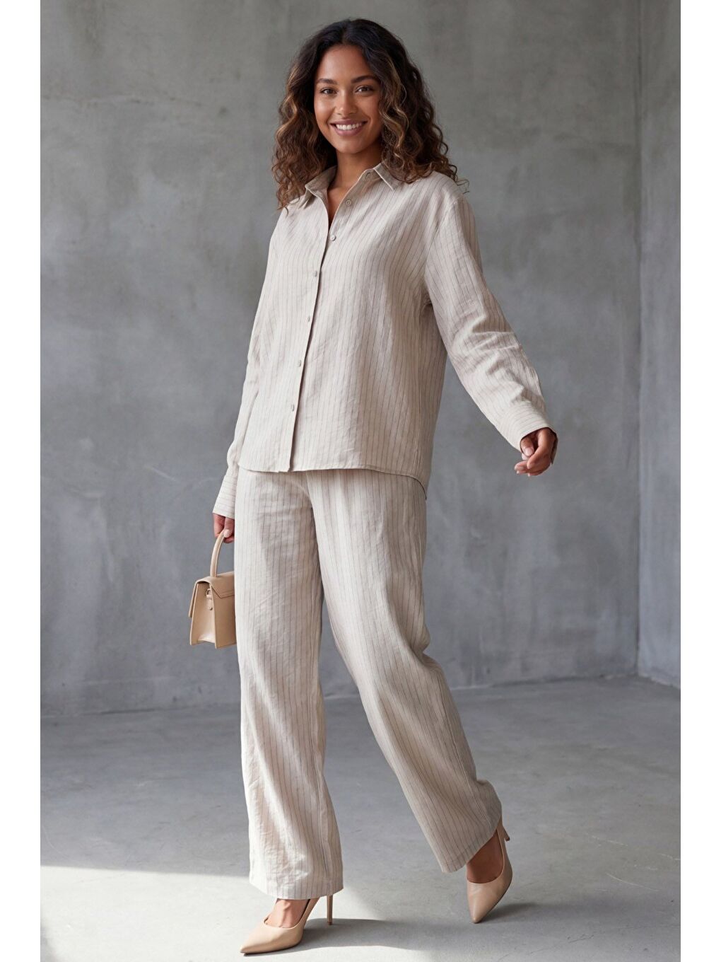 Bej Taş Rengi Çizgili Kadın Gömlek Takım Mg2695