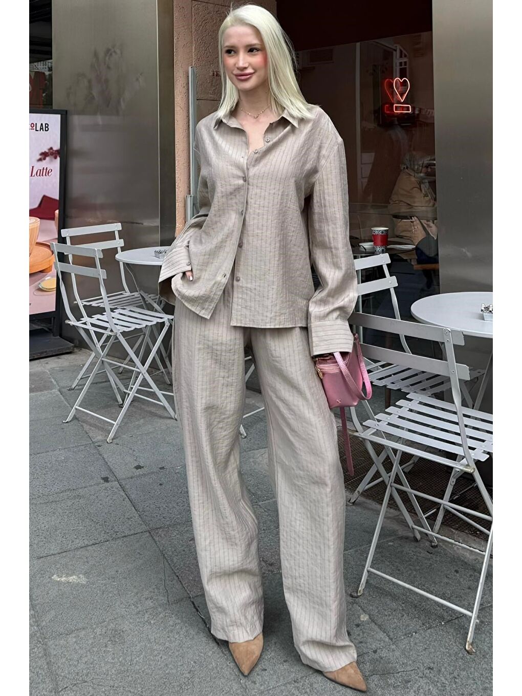 Bej Taş Rengi Çizgili Kadın Gömlek Takım Mg2695-1