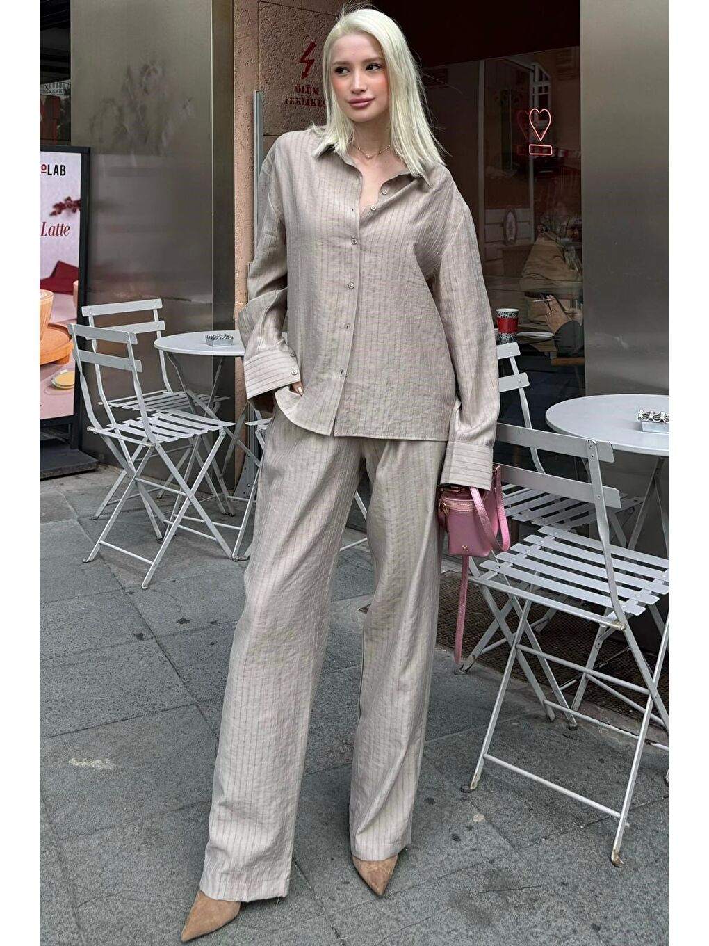 Bej Taş Rengi Çizgili Kadın Gömlek Takım Mg2695-2