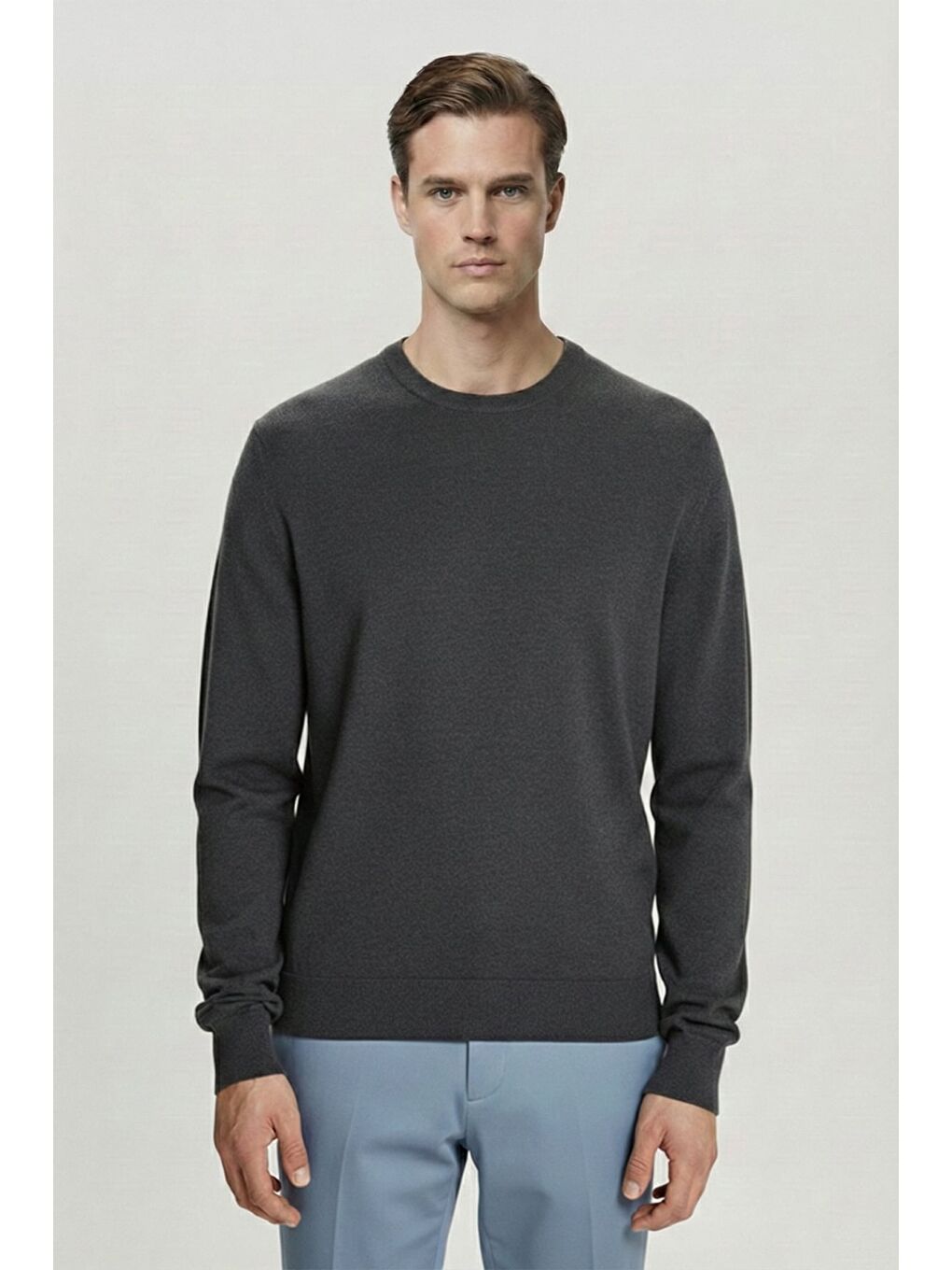 Gri Standart Fit Yün Karışımlı Bisiklet Yaka Triko Erkek Kazak