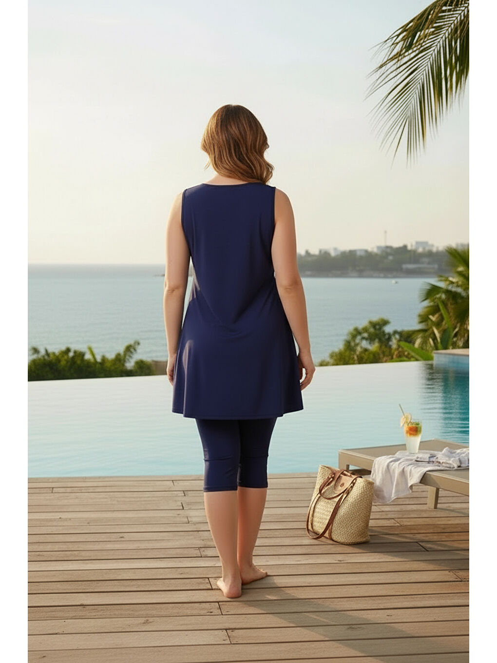 Lacivert Kolsuz Elastanlı Büyük Beden Yarı Kapalı Tesettür Mayo 2526-4