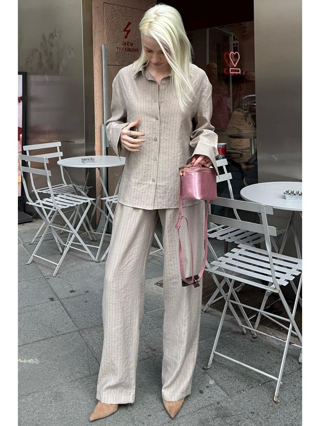 Bej Taş Rengi Çizgili Kadın Gömlek Takım Mg2695-3